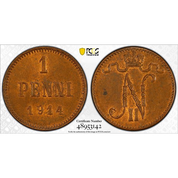 FINLAND: Nicholas II, Grand Duke, 1894-1917, AE penni, 1914, PCGS MS63 BN
