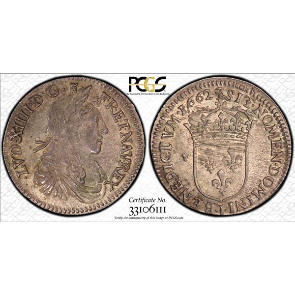 FRANCE: Louis XIV, 1643–1715, AR 1/12 ecu, 1662-I, PCGS AU55