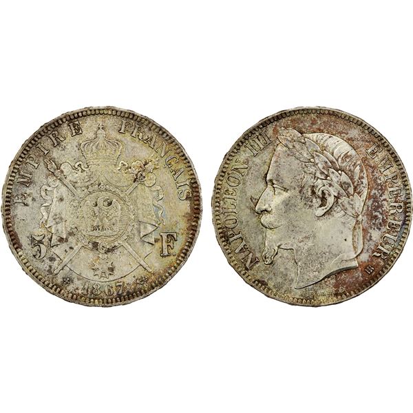 FRANCE: Napoleon III, 1852-1870, AR 5 francs, Strasbourg, 1867-BB, choice AU