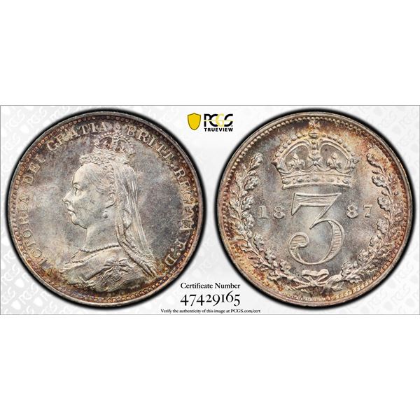 GREAT BRITAIN: Victoria, 1837-1901, AR 3 pence, 1887, PCGS MS65