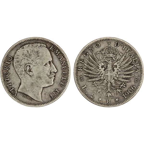 ITALY: Vittorio Emanuele III, 1900-1946, AR 2 lire, 1906-R, VF