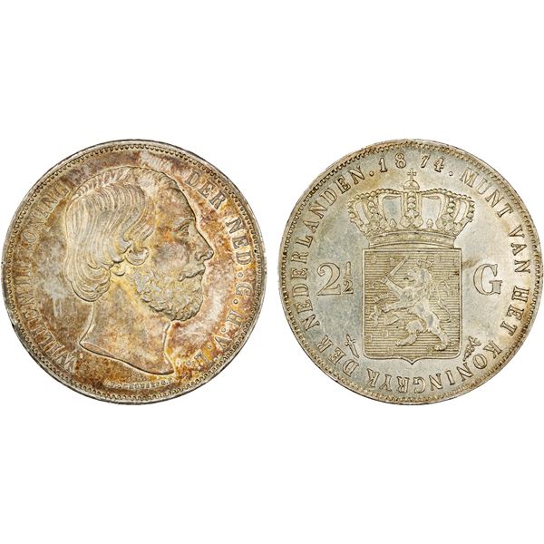 NETHERLANDS: Willem III, 1849-1890, AR 2½ gulden, 1874, AU