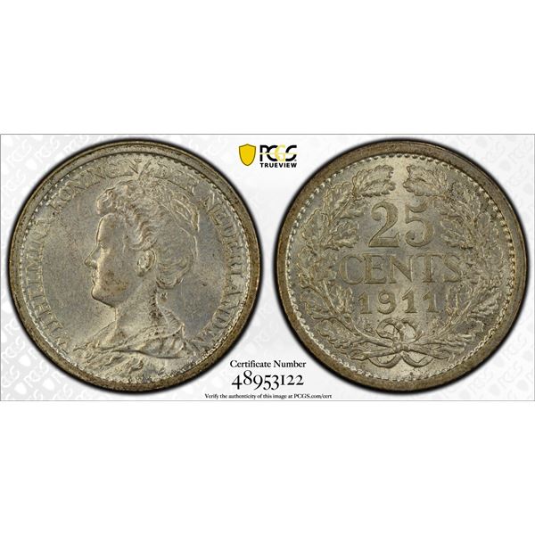 NETHERLANDS: Wilhelmina, 1890-1948, AR 25 cents, 1911, PCGS MS62