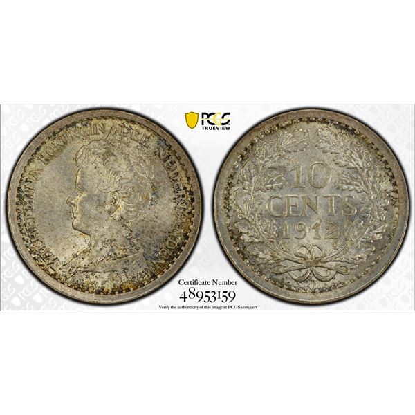 NETHERLANDS: Wilhelmina, 1890-1948, AR 10 cents, 1912, PCGS MS65