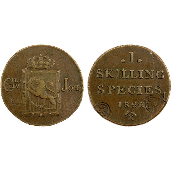 NORWAY: Carl XIV, 1818-1844, AE skilling, 1820, XF