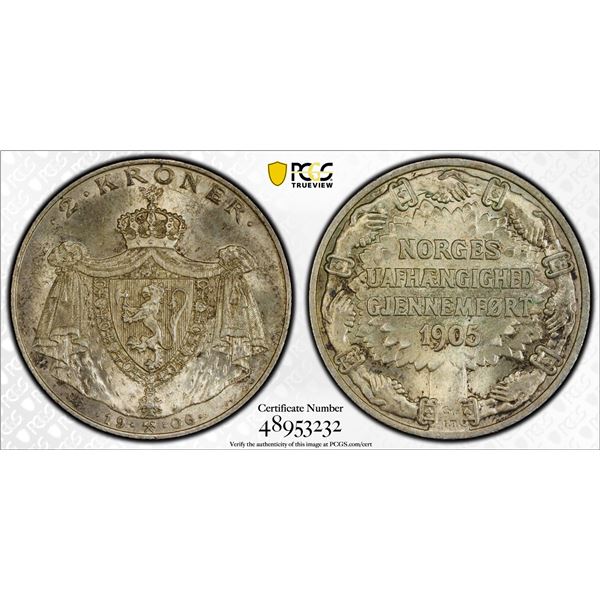 NORWAY: Haakon VII, 1905-1957, AR 2 kroner, 1906, PCGS MS64