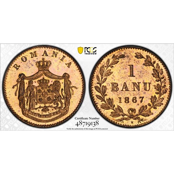 ROMANIA: Carol I, Prince, 1866-1881, AE banu, 1867-H, PCGS Specimen 65 RD