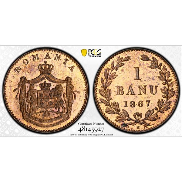 ROMANIA: Carol I, Prince, 1866-1881, AE banu, 1867, PCGS Specimen 65 RB