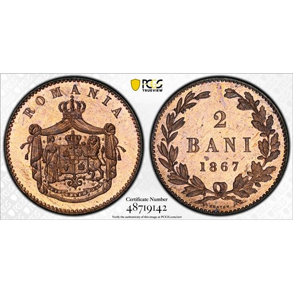 ROMANIA: Carol I, Prince, 1866-1881, AE 2 bani, 1867-H, PCGS Specimen 65 RB