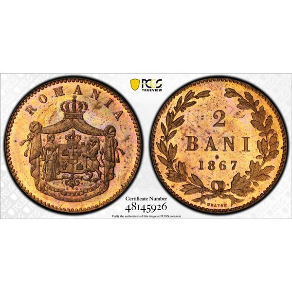 ROMANIA: Carol I, Prince, 1866-1881, AE 2 bani, 1867, PCGS Specimen 65 RB