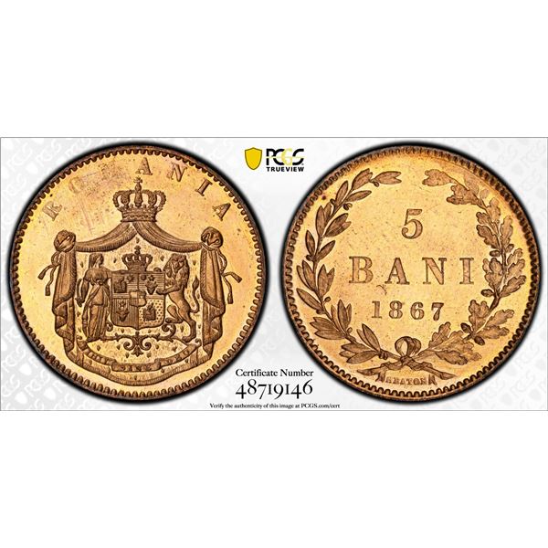 ROMANIA: Carol I, Prince, 1866-1881, AE 5 bani, 1867-H, PCGS Specimen 65 RD