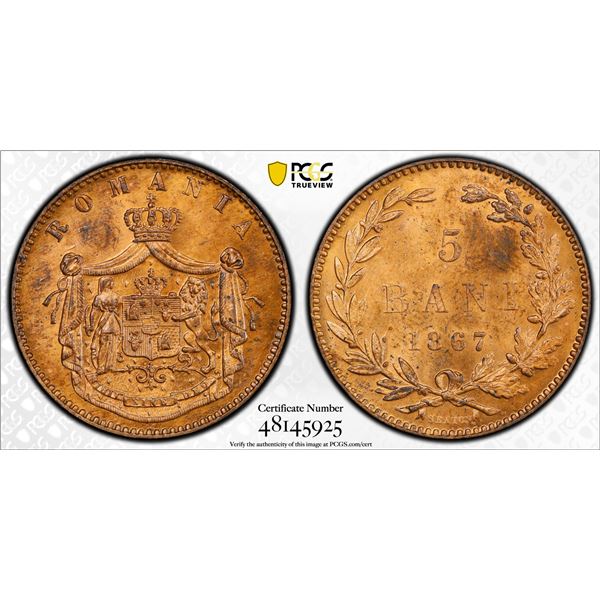 ROMANIA: Carol I, Prince, 1866-1881, AE 5 bani, 1867, PCGS Specimen 65 RB