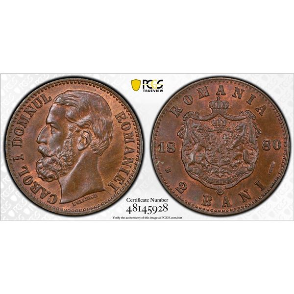 ROMANIA: Carol I, Prince, 1866-1881, AE 2 bani, 1880-B, PCGS MS65 BN
