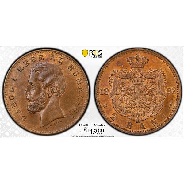 ROMANIA: Carol I, King, 1894-1914, AE 2 bani, 1882-B, PCGS MS64 RB