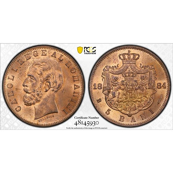 ROMANIA: Carol I, King, 1894-1914, AE 5 bani, 1884-B, PCGS MS64 RB