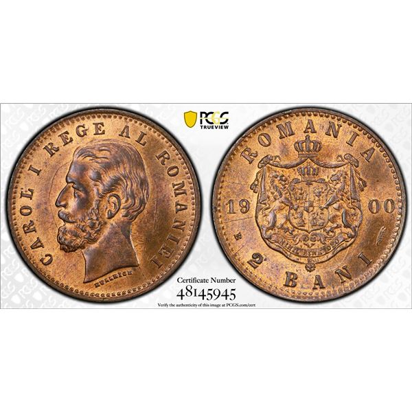 ROMANIA: Carol I, King, 1894-1914, AE 2 bani, 1900-B, PCGS MS64 RB