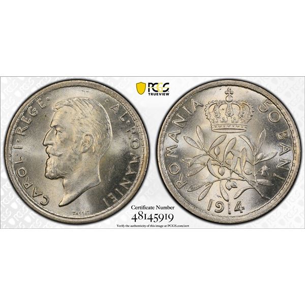 ROMANIA: Carol I, King, 1894-1914, AR 50 bani, 1914, PCGS MS66
