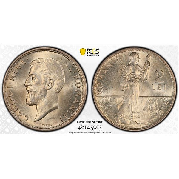 ROMANIA: Carol I, King, 1894-1914, AR 2 lei, 1914, PCGS MS64