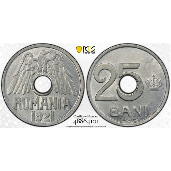 ROMANIA: Ferdinand I, 1914-1927, 25 bani, 1921, PCGS MS62