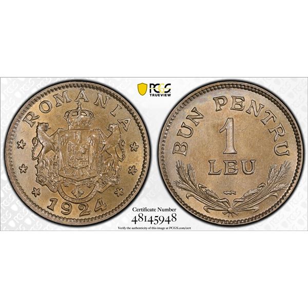 ROMANIA: Ferdinand I, 1914-1927, 1 leu, 1924, PCGS UNC Details