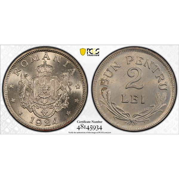 ROMANIA: Ferdinand I, 1914-1927, 2 lei, 1924, PCGS MS65