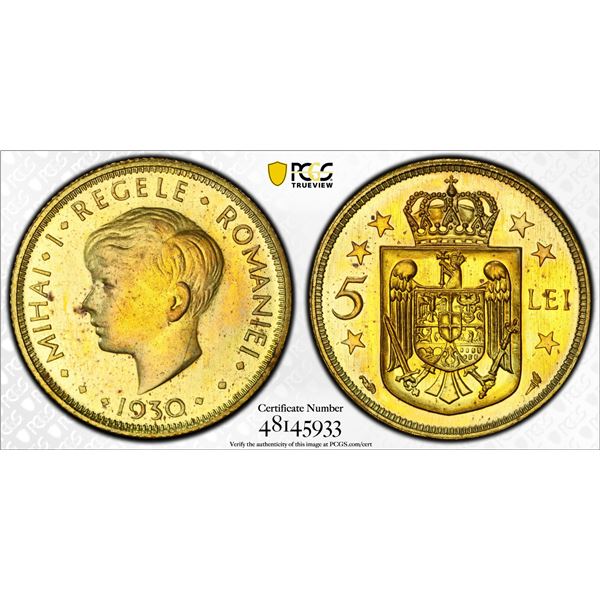 ROMANIA: Michael I, First reign, 1927-1930, 5 lei, 1930, PCGS MS63