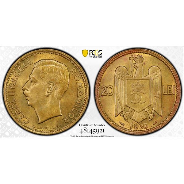 ROMANIA: Carol II, 1930-1940, 20 lei, 1930, PCGS MS64
