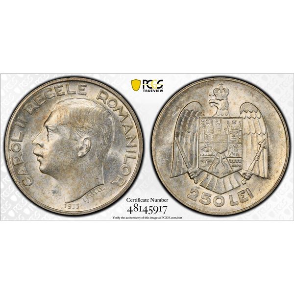 ROMANIA: Carol II, 1930-1940, AR 250 lei, 1935, PCGS AU58