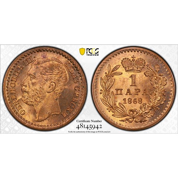 SERBIA: Mihailo Obrenovic III, 2nd reign, 1860-1868, AE para, 1868, PCGS MS65 RD