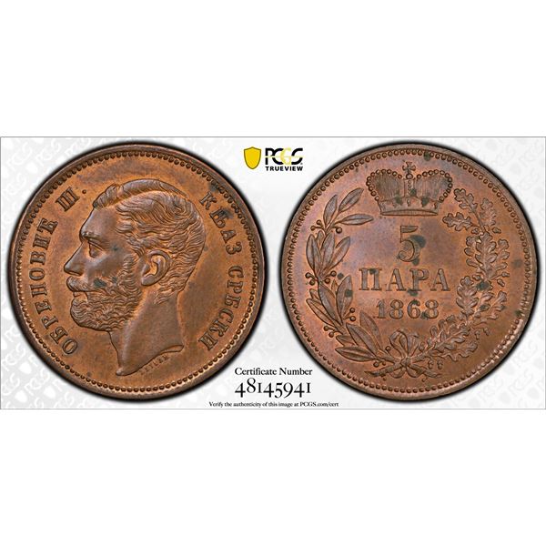 SERBIA: Mihailo Obrenovic III, 2nd reign, 1860-1868, AE 5 para, 1868, PCGS UNC Details