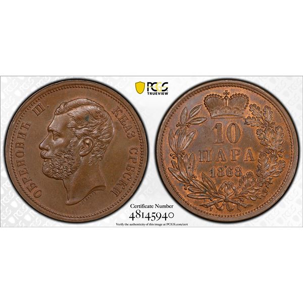 SERBIA: Mihailo Obrenovic III, 2nd reign, 1860-1868, AE 10 para, 1868, PCGS MS62 BN