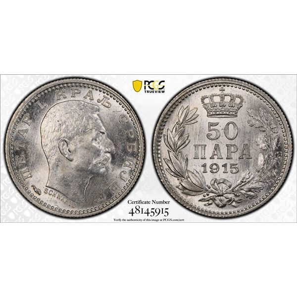 SERBIA: Petar I, 1903-1918, AR 50 para, 1915, PCGS MS62