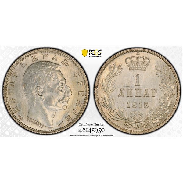 SERBIA: Petar I, 1903-1918, AR dinar, 1915, PCGS MS63