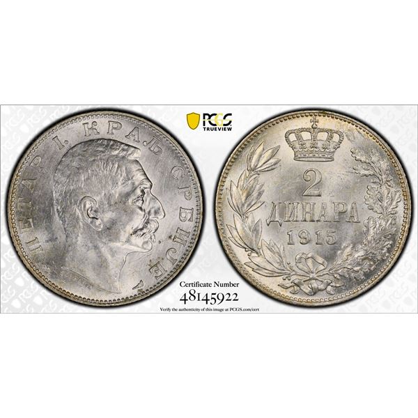 SERBIA: Petar I, 1903-1918, AR 2 dinara, 1915, PCGS MS62