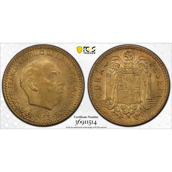 SPAIN: Francisco Franco, Caudillo, 1936-1975, 1 peseta, 1953(54), PCGS MS64