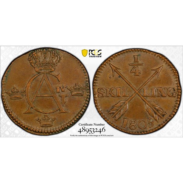 SWEDEN: Gustav IV Adolph, 1792-1809, AE 1/4 skilling, 1805, PCGS AU55
