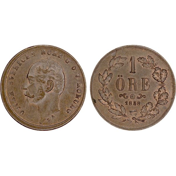 SWEDEN: Oscar I, 1844-1859, AE ore, 1858, UNC