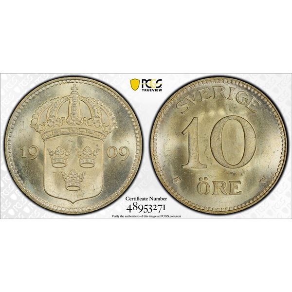 SWEDEN: Gustaf V, 1907-1950, AR 10 ore, 1909, PCGS MS66