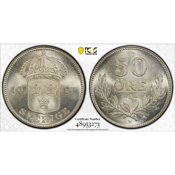 SWEDEN: Gustaf V, 1907-1950, AR 50 ore, 1927, PCGS MS66