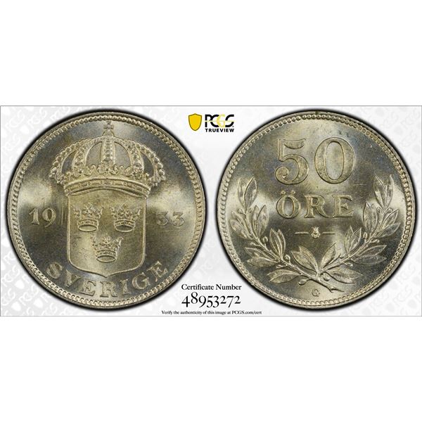 SWEDEN: Gustaf V, 1907-1950, AR 50 ore, 1933, PCGS MS65