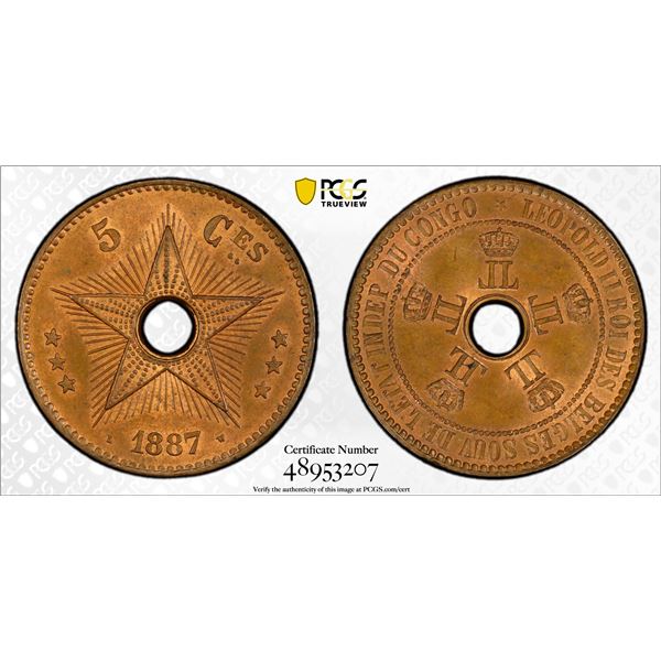 BELGIAN CONGO: Leopold II, 1885-1909, AE 5 centimes, 1887, PCGS MS64 RB