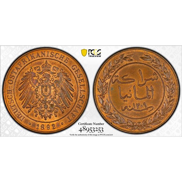 GERMAN EAST AFRICA: Wilhelm II, 1888-1918, AE pesa, 1892/AH1309, PCGS MS65 RB