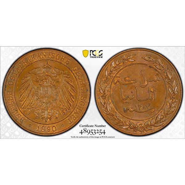GERMAN EAST AFRICA: Wilhelm II, 1888-1918, AE pesa, 1890/AH1307, PCGS MS63 BN
