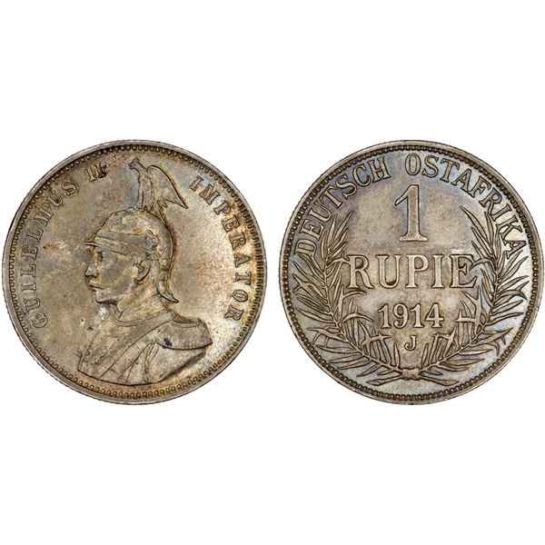 GERMAN EAST AFRICA: Wilhelm II, 1888-1918, AR rupie, 1914-J, Choice XF