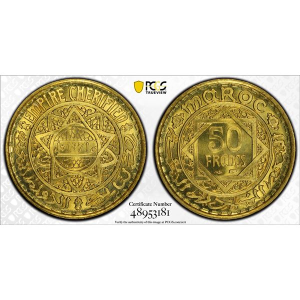 MOROCCO: Muhammad V, 1927-1962, 50 francs, AH1371, PCGS MS67