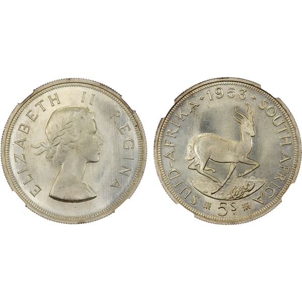SOUTH AFRICA: Elizabeth II, 1952-2022, AR 5 shillings, 1953, NGC Prooflike MS67