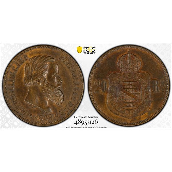BRAZIL: Pedro II, 1831-1889, AE 20 reis, 1869, PCGS MS62 BN