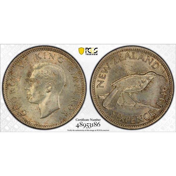 NEW ZEALAND: George VI, 1936-1952, 6 pence, 1946, PCGS MS64