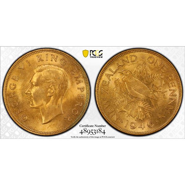 NEW ZEALAND: George VI, 1936-1952, AE penny, 1946, PCGS MS65 RB