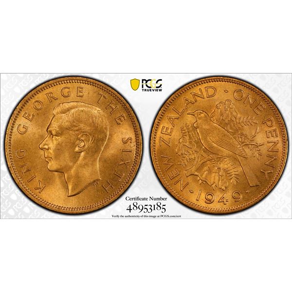 NEW ZEALAND: George VI, 1936-1952, AE penny, 1949, PCGS MS65 RD